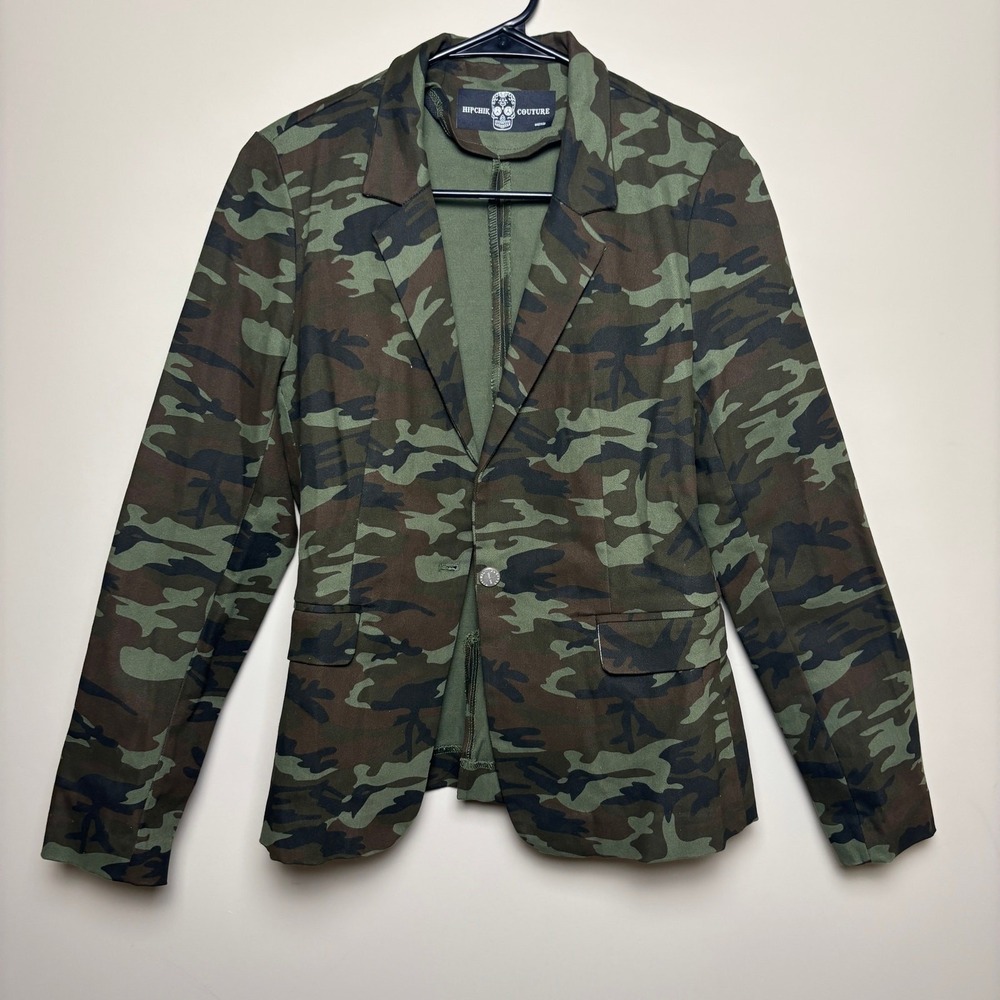 Hipchik Couture Camouflage Rhinestone Skull Two Button Blazer Jacket Womens 4